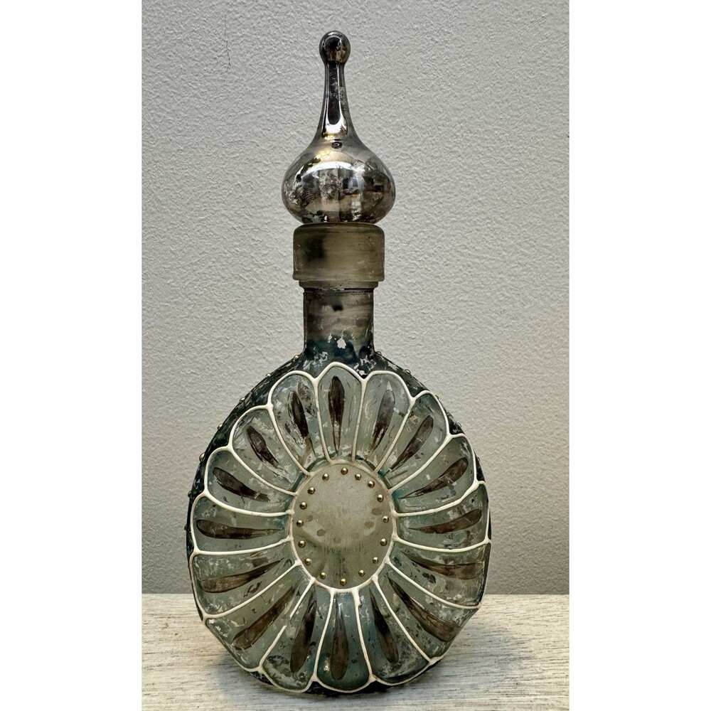 Vtg Italian Empoli Blue Silver Glass Vanity Bottle 9" Enamel Jewel Decanter 2